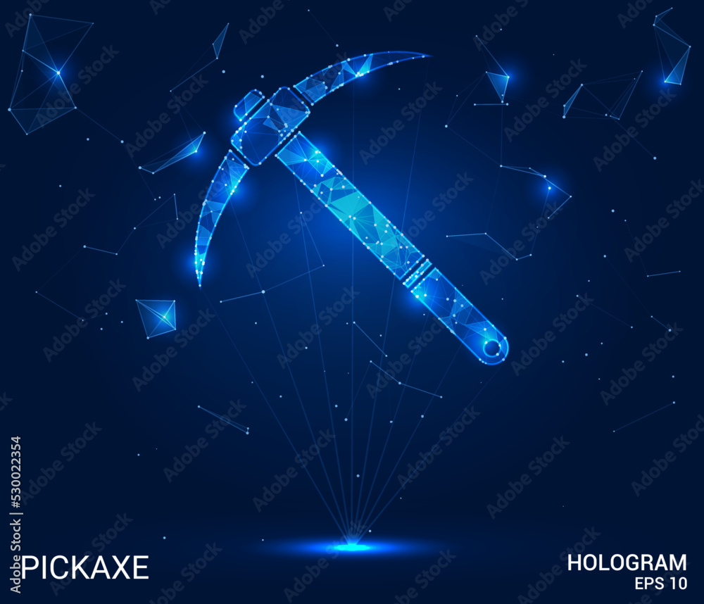 Hologram pickaxe. A pickaxe of polygons, triangles of points and lines