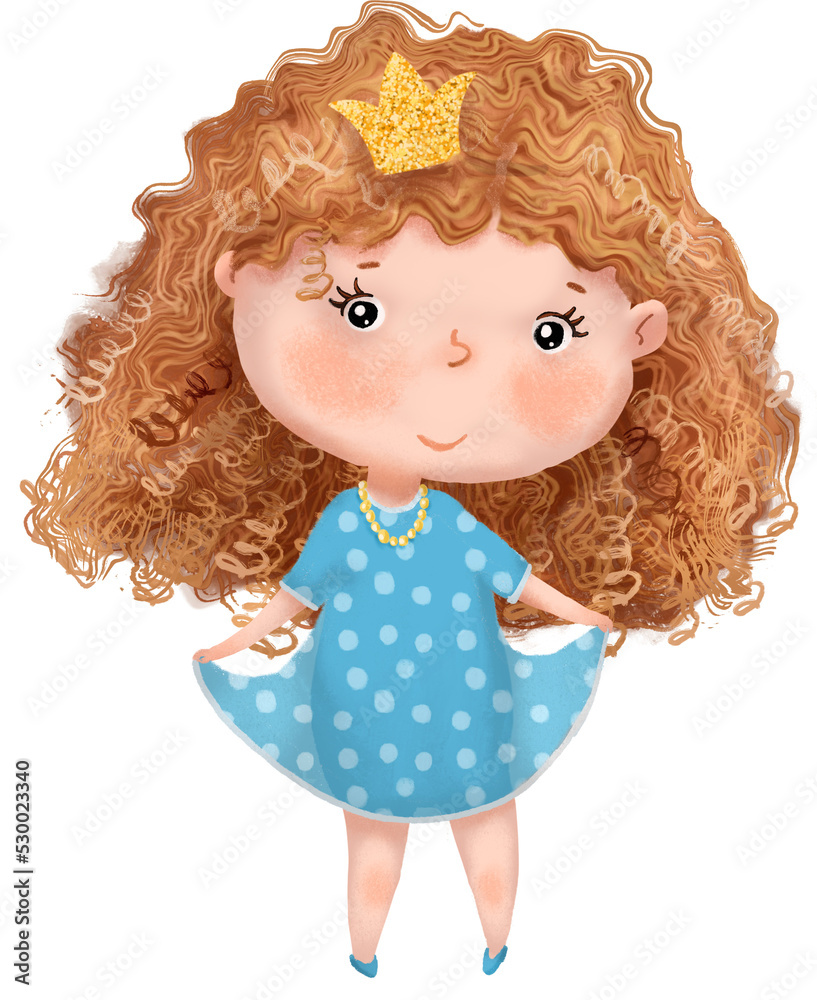 Little cute princess with curly hair, wearing blue dress. Hand drawn Illustration isolated on white background. Little cute princess with curly hair, wearing blue dress. Hand drawn Illustration isolated on white background.
