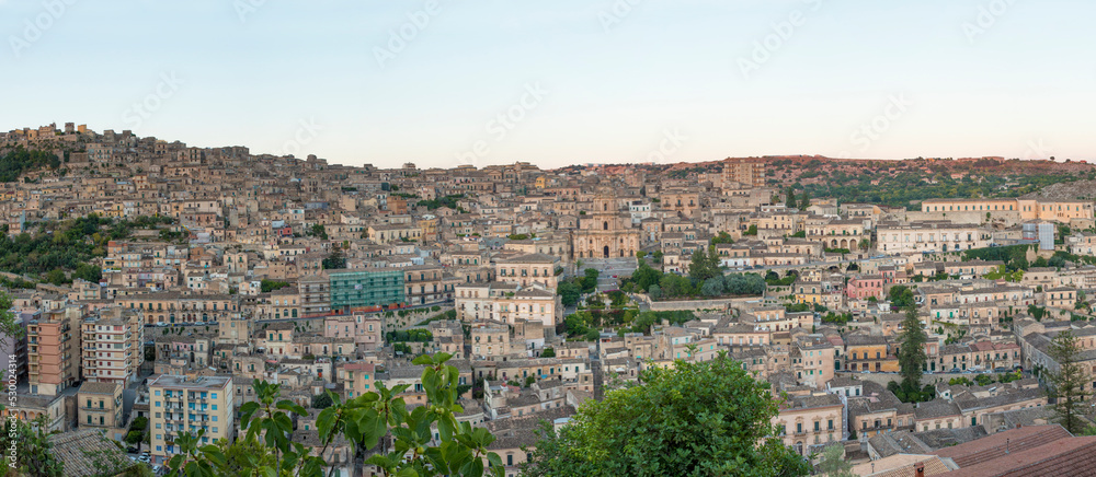 Panoramic view of the city of Modica in Sicily, Italy. For its masterpieces the city is one of the most significant examples of late Baroque architecture.