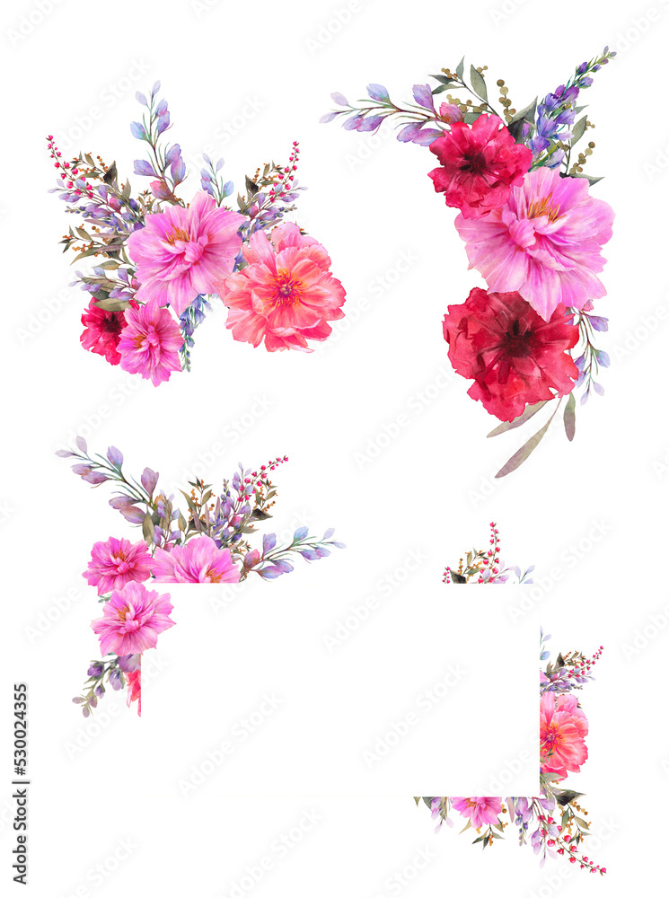 Watercolor flowers bouquets. Hand painted botanical set with eucalyptus leaves, field flowers, berries, fern branches isolated on transparent background. Floral artwork