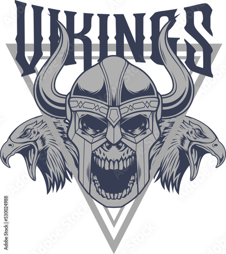 Vector Illustration of Skull Wearing Viking Helmet with Falcons in Vintage Style