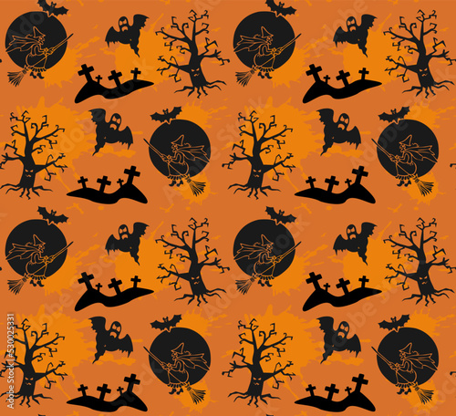 Vector seamless pattern graveyard at night sinister Halloween, witch on broomstick, bats, ghosts, tombstones and crosses