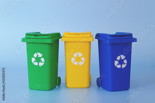 Recycling Garbage Bins. Waste Sorting Concept. Flat lay. Collection of colorful separation recycle bins. Container for sorting waste. Waste types segregation recycling