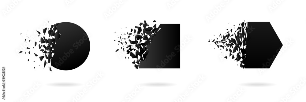 Black hexahedron, circle with explosion effect on white background with debris.