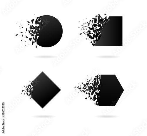 Black hexahedron, circle with explosion effect on white background with debris.