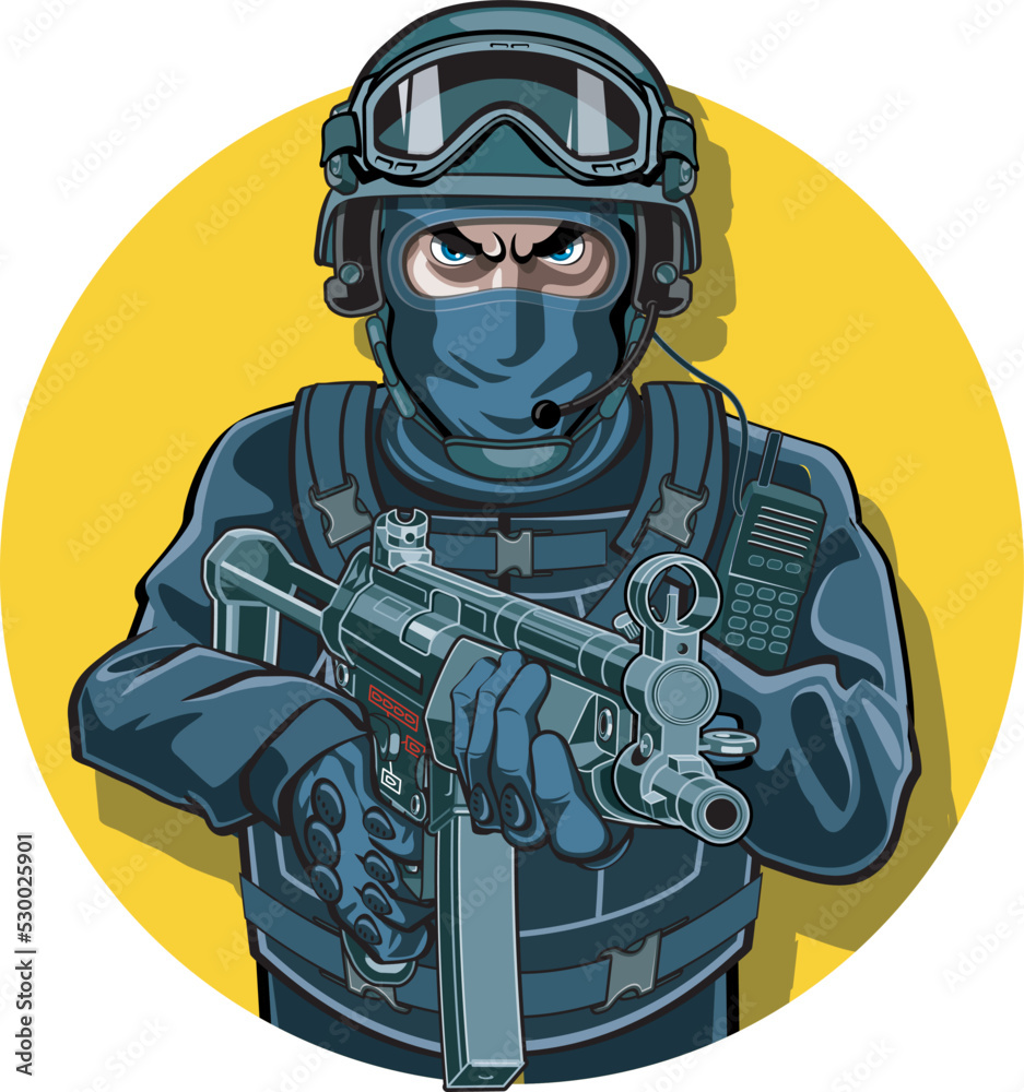 vector illustration of swat officer aiming machine pistol - obrazy, fototapety, plakaty 