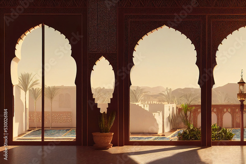 interior of a mosque, middle eastern, morocco building interior background, 3d render, 3d illustration, digital illustration, digital painting, cg artwork, realistic illustration