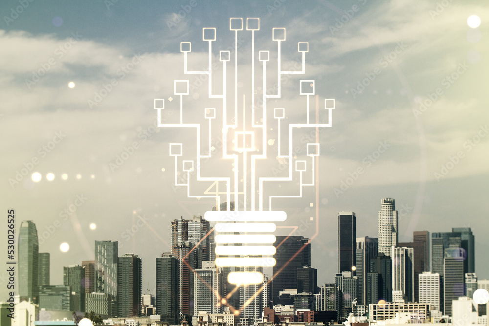 Double exposure of virtual creative light bulb hologram with chip on Los Angeles city skyscrapers background, idea and brainstorming concept
