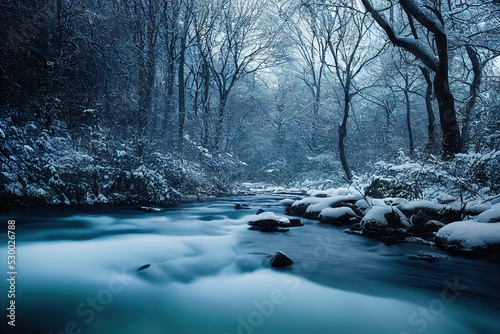 river go through the winter forest in the fog, digital illustration, digital painting, cg artwork, realistic illustration © Gbor