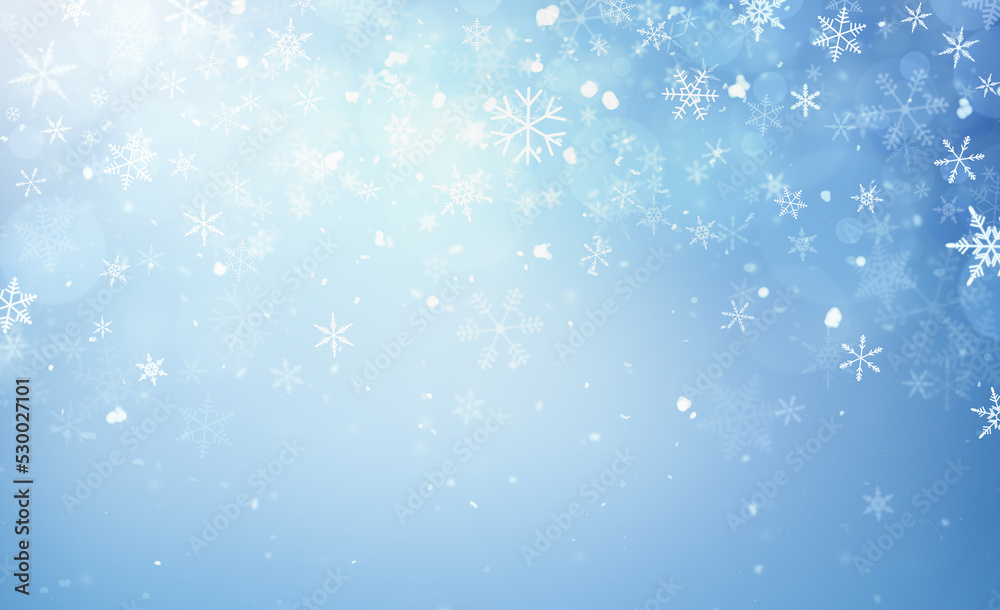 natural illuminated winter background with falling snow and snowflakes
