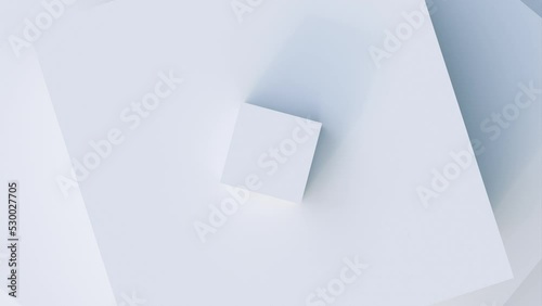 Abstract 3d render white geometric background with rotating cubes