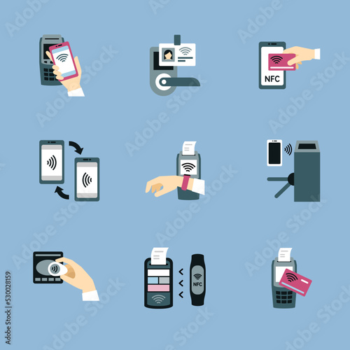 nfs icons. hands making cards payment with nfs smart technology contactless devices for terminal wallet. Vector colored flat pictures photo