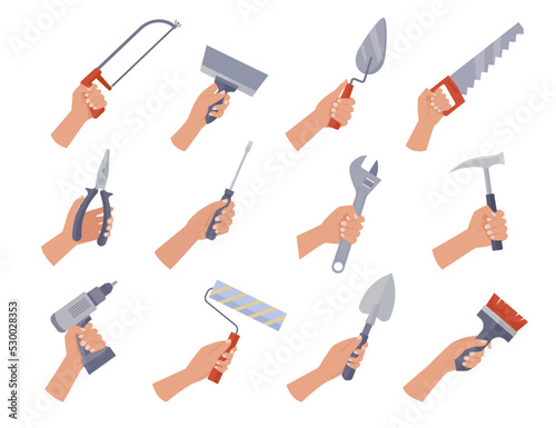 construction tools. builders holding in hands saw hammer screwdriver brush knife. Vector concept pictures for repair projects