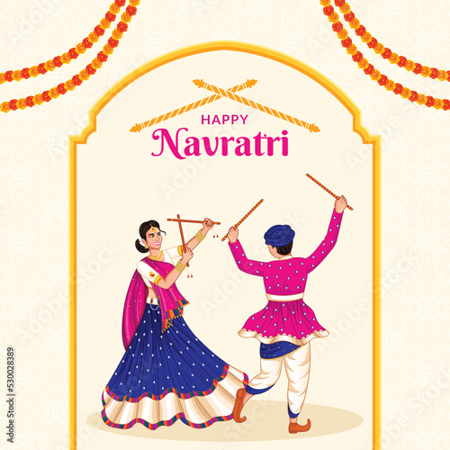 Dancing Dandiya couple at Navratri, Happy Durga Puja and Dussehra