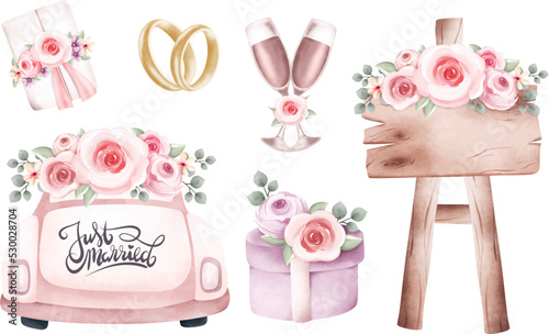 Watercolor Illustration set of vintage wedding elements