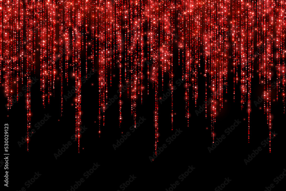 Red glitter festive shiny long garland on black background. Vector