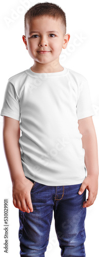 White t-shirt mockup on smiling boy in jeans, png, stylish baby clothes, isolated.