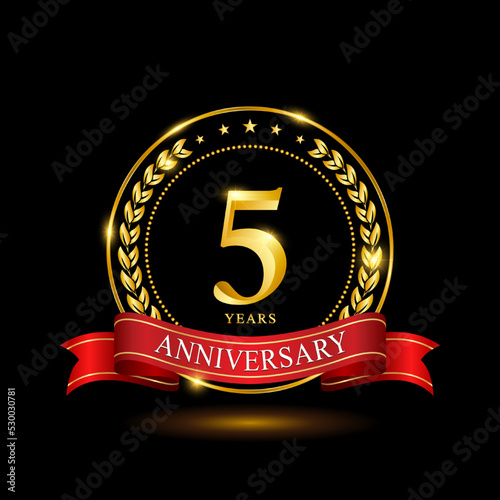 5 Years Anniversary template design, with shiny ring and red ribbon, laurel wreath isolated on black background, logo vector