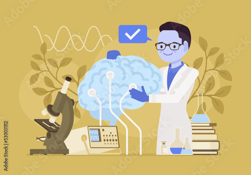 Brian study, male neurologist diagnoses, treats nervous system. Clinical neurology and neuroanatomy laboratory examination, nerve muscle disease, sleep disorder treatment. Vector creative illustration