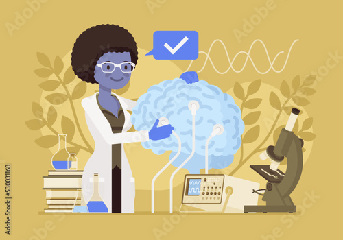 Brian study, female neurologist diagnoses, treats nervous system. Clinical neurology, neuroanatomy laboratory examination, nerve, muscle disease, sleep disorder treatment. Vector creative illustration