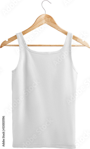 White t-shirt mockup, on a hanger, png, fashionable underwear, isolated.