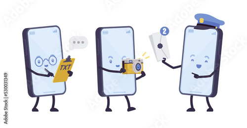 Smartphone cartoon character set, texting, photo camera, mail. Send, receive messages app, taking photo, video, message envelope, information delivery, communication. Vector flat style illustration