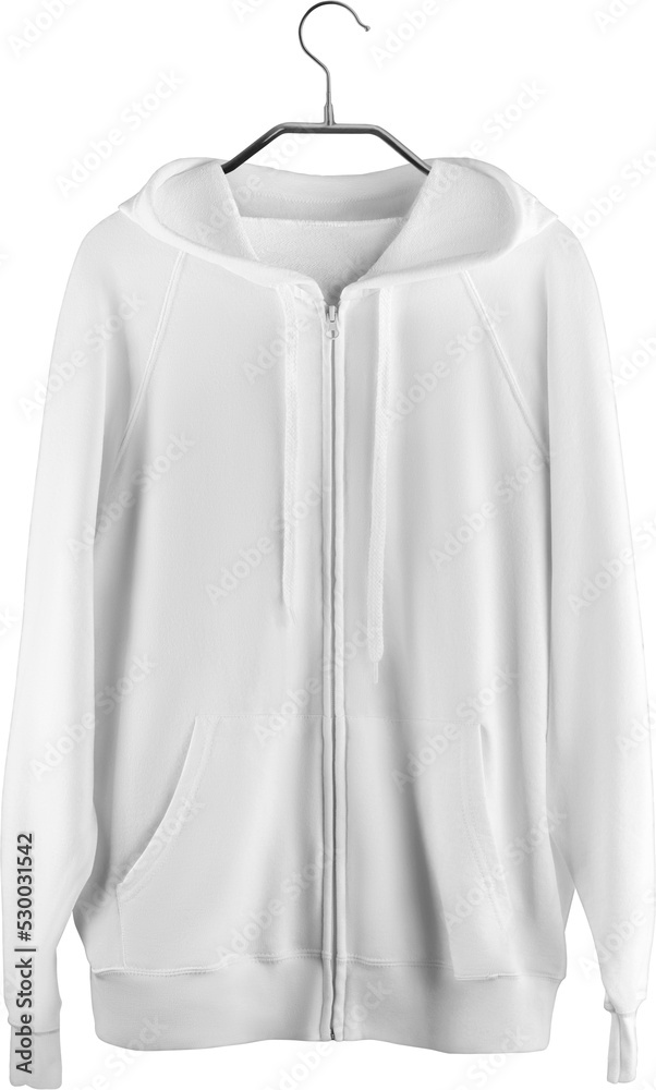 White hoodie mockup with pocket, zipper closure, laces, on a hanger, png, fashionable clothes, isolated. White hoodie mockup with pocket, zipper closure, laces, on a hanger, png, fashionable clothes, isolated.
