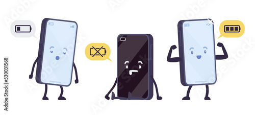 Smartphone cartoon character set, full, low battery, dead. Longest lasting phone, lost energy, lacking power, black empty screen, extremely bad and poor energy gadget. Vector flat style illustration