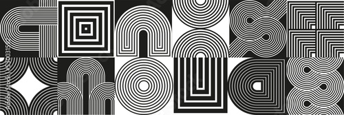 Composition with line art geometric forms and black, white blocks. Optic illusion. Endless knot, arc, waves, circles.