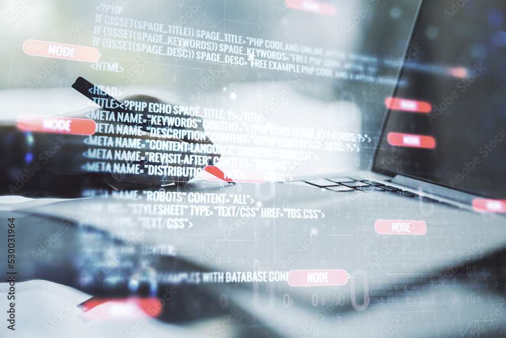 Abstract creative coding concept with hand writing in notebook on background with laptop. Multiexposure Abstract creative coding concept with hand writing in notebook on background with laptop. Multiexposure