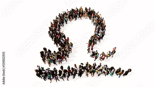 Concept or conceptual large gathering of people forming libra zodiac sign on white background. A 3d illustration symbol for esoteric, the mystic, the power of prediction of astrology