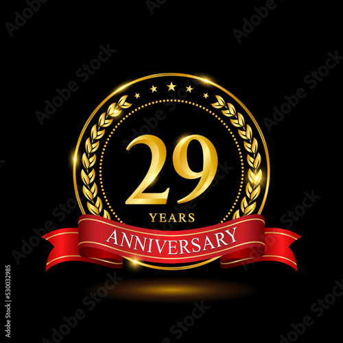 29 Years Anniversary template design, with shiny ring and red ribbon, laurel wreath isolated on black background, logo vector