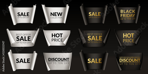 Set of sale labels, black friday labels, stickers, banners, isolated on a black background.