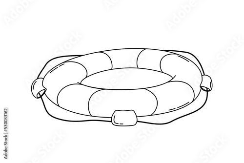 Striped doodle lifebuoy with rope around. Flat vector cartoon illustration, clipart.