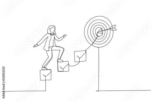Illustration of smart businesswoman walk up checklist as staircase to achieve target. Metaphor for personal development plan for career success. Single line art style