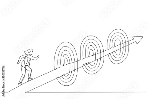 Cartoon of businesswoman running on arrow way through targets. Metaphor for achievements or challenge to achieve targets and business goals. One continuous line art style