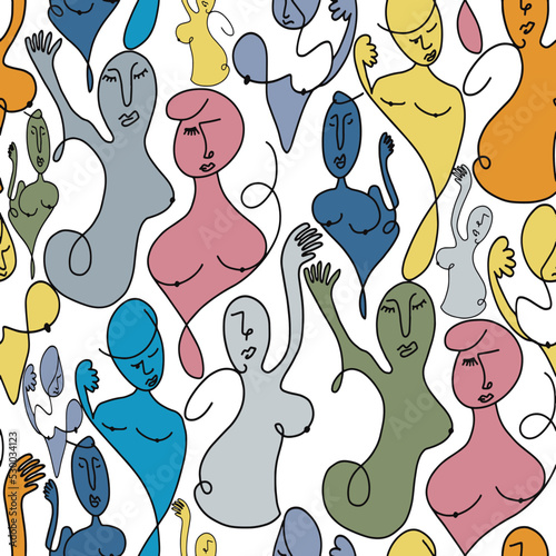 Abstract One Line Drawing Women Body Doodle Seamless Vector Pattern Isolated Background