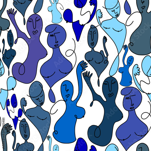 Abstract One Line Drawing Women Body Doodle Seamless Vector Pattern Isolated Background