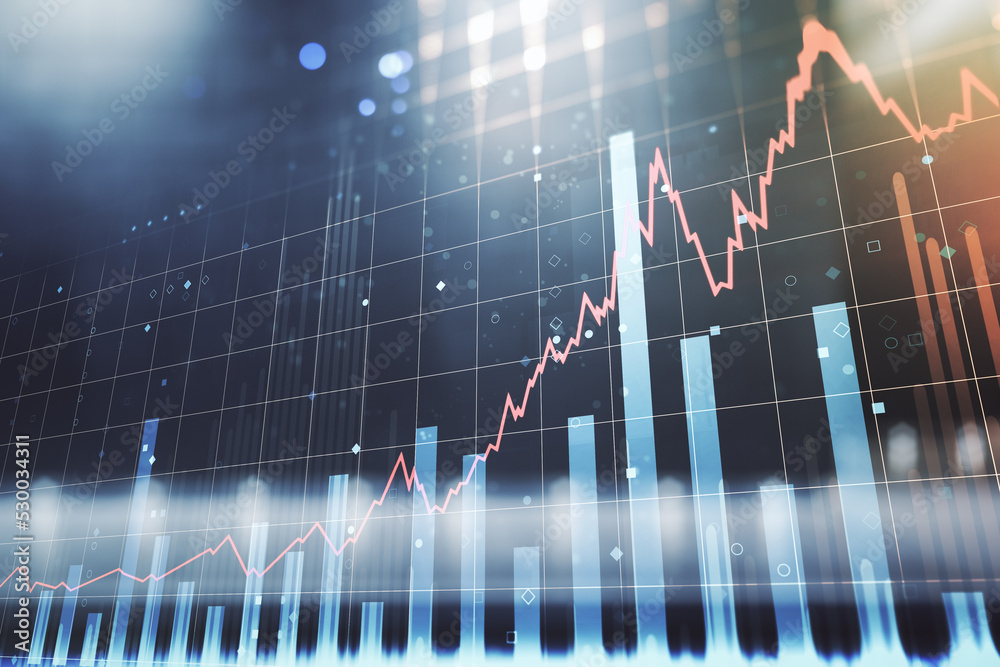 Double exposure of abstract creative financial chart hologram on modern business center exterior background, research and strategy concept Double exposure of abstract creative financial chart hologram on modern business center exterior background, research and strategy concept