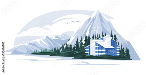 mountain hotel in a coniferous forest near a lake or river. Nature recreation landscape concept. Vector flat illustration