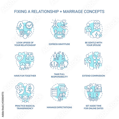 Fixing relationship and marriage turquoise concept icons set. Healthy communication idea thin line color illustrations. Isolated symbols. Editable stroke. Roboto-Medium, Myriad Pro-Bold fonts used