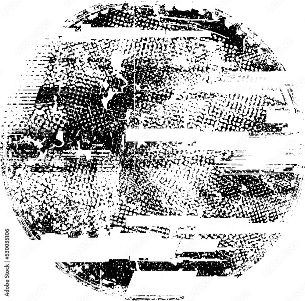 Obraz premium Glitch distorted geometric shape . Noise destroyed logo . Trendy defect error shapes . Glitched frame .Grunge textured . Distressed effect .Vector shapes with a halftone dots screen print texture.