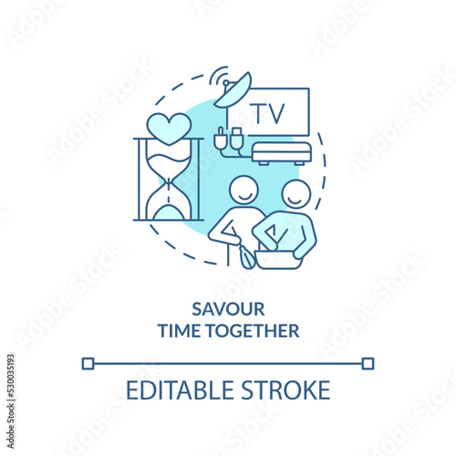 Savour time together turquoise concept icon. How to save relationship abstract idea thin line illustration. Married couple. Isolated outline drawing. Editable stroke. Arial, Myriad Pro-Bold fonts used © bsd studio