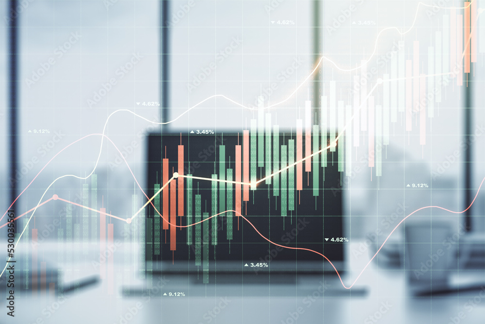 Multi exposure of abstract creative financial chart on computer background, research and analytics concept Multi exposure of abstract creative financial chart on computer background, research and analytics concept