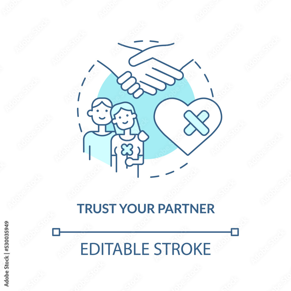 Trust partner turquoise concept icon. Saving broken relationship abstract idea thin line illustration. Mutual respect. Isolated outline drawing. Editable stroke. Arial, Myriad Pro-Bold fonts used
