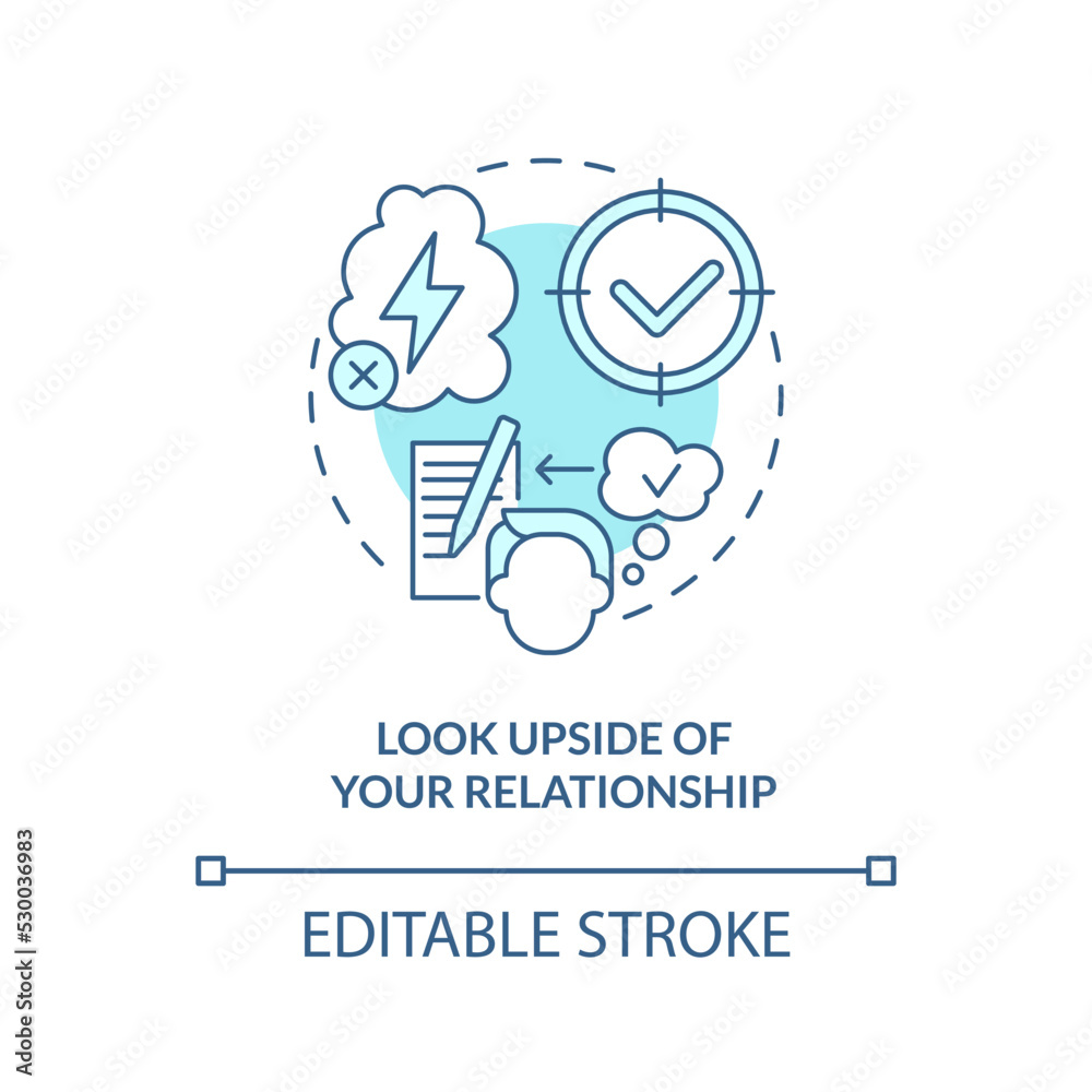 Look upside of relationship turquoise concept icon. Keep passion in relationship tip abstract idea thin line illustration. Isolated outline drawing. Editable stroke. Arial, Myriad Pro-Bold fonts used
