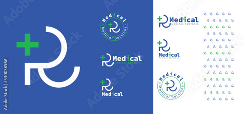 Letter R Medical care Logo for Health and Medical Service Brands, clinics, hospital with plus icon symbol