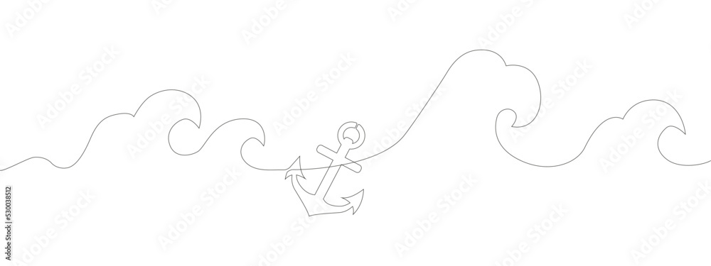 Continuous single line anchor in the sea, line art isolated minimal vector illustration. Sea ocean elements