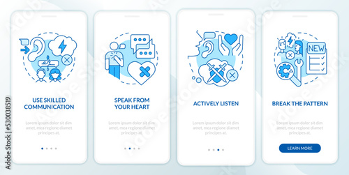 Healing relationship after argument blue onboarding mobile app screen. Walkthrough 4 steps editable graphic instructions with linear concepts. UI, UX, GUI template. Myriad Pro-Bold, Regular fonts used