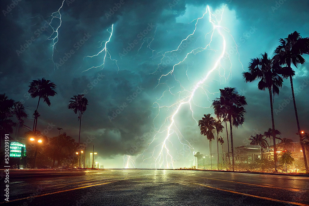 Hurricane also called tornado or typhoon with lightnings and twister in the storm on a city street with palms. Natural disasters in towns caused by the climate change. 3D illustration digital painting - obrazy, fototapety, plakaty 